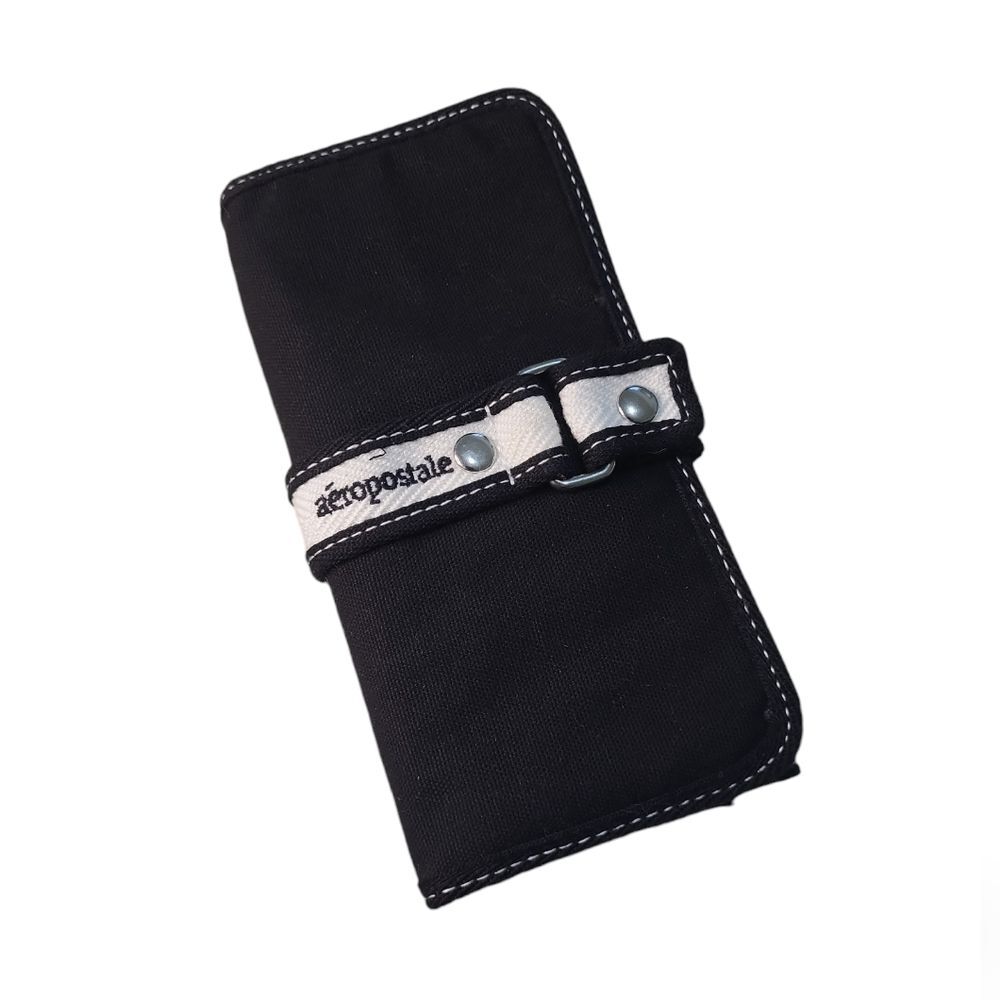 New Aeropostale black canvas trifold wallet purse w/ white strap